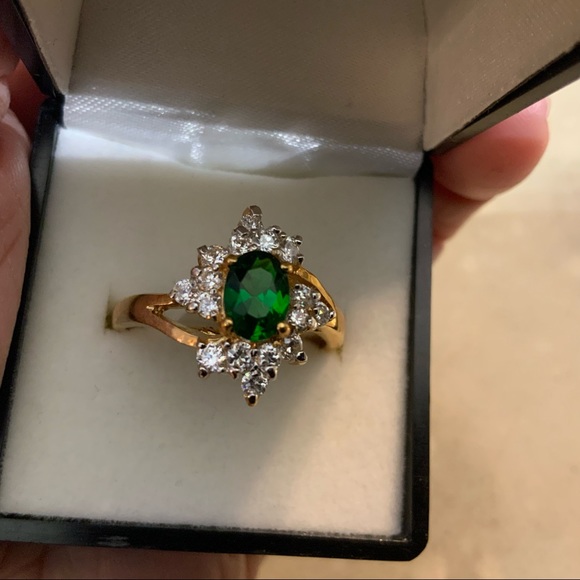SYN EMERALD CLUSTER CZ GOLD PL RING SZ 10 14KT - Picture 10 of 16